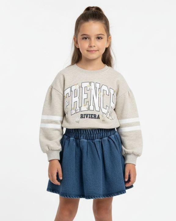 (2-PIECES-Set) Cotton sweatshirt + Denim skirt