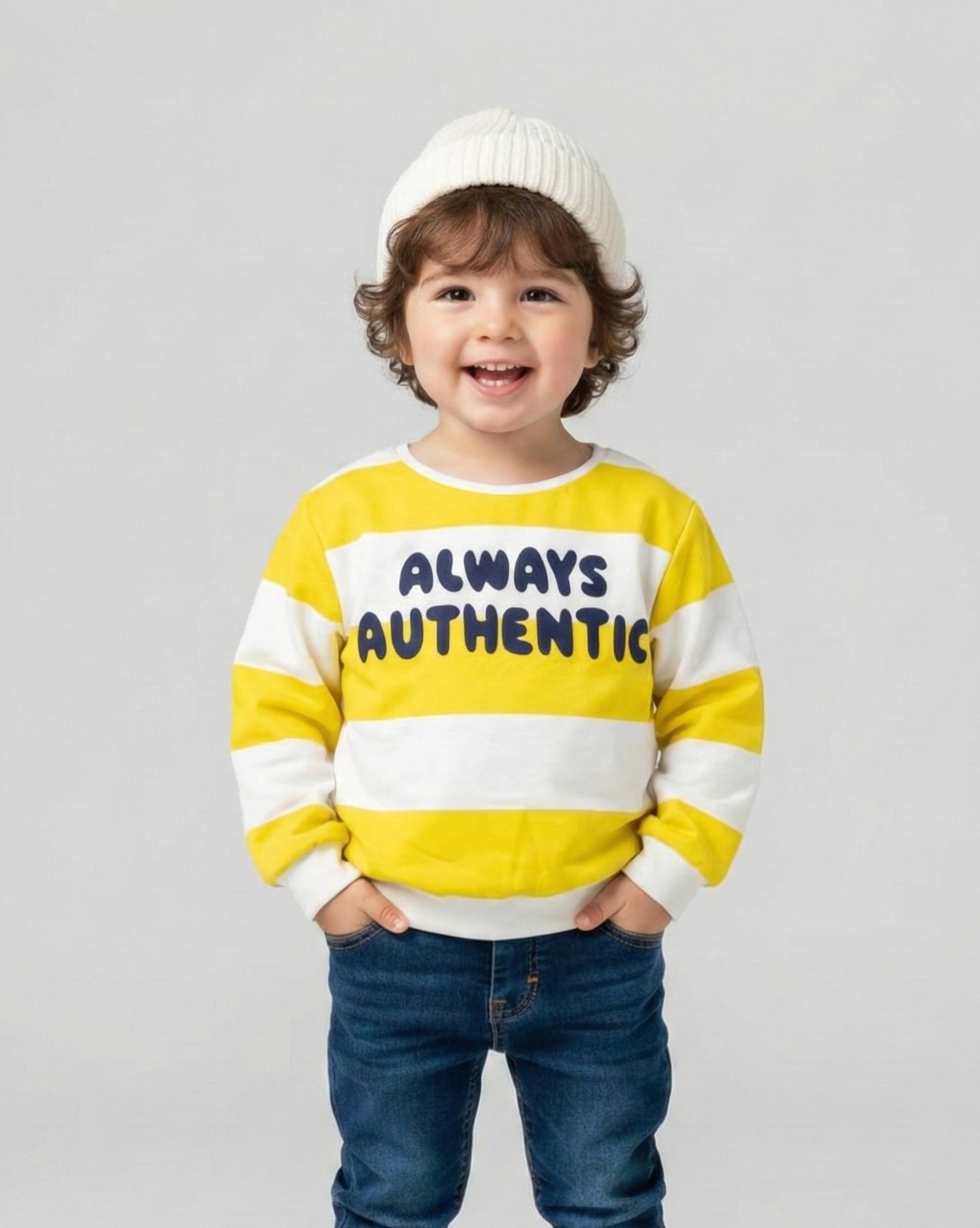 YELLOW STRIPED PRINTED HEAVY COTTON SWEATSHIRT