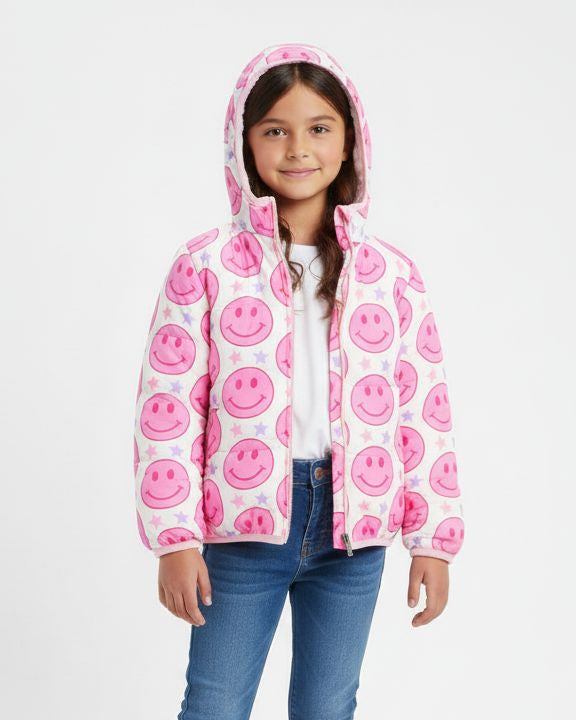 SMILE FULL PRINTED PUFFER JACKET WITH HOOD