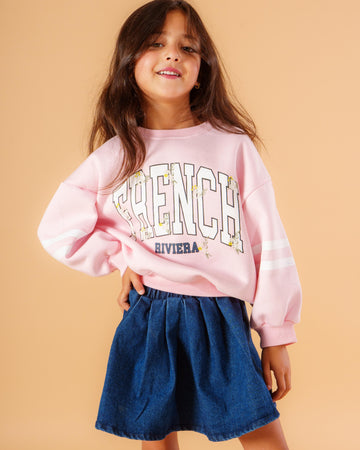 (2-PIECES-Set) Cotton sweatshirt + Denim skirt