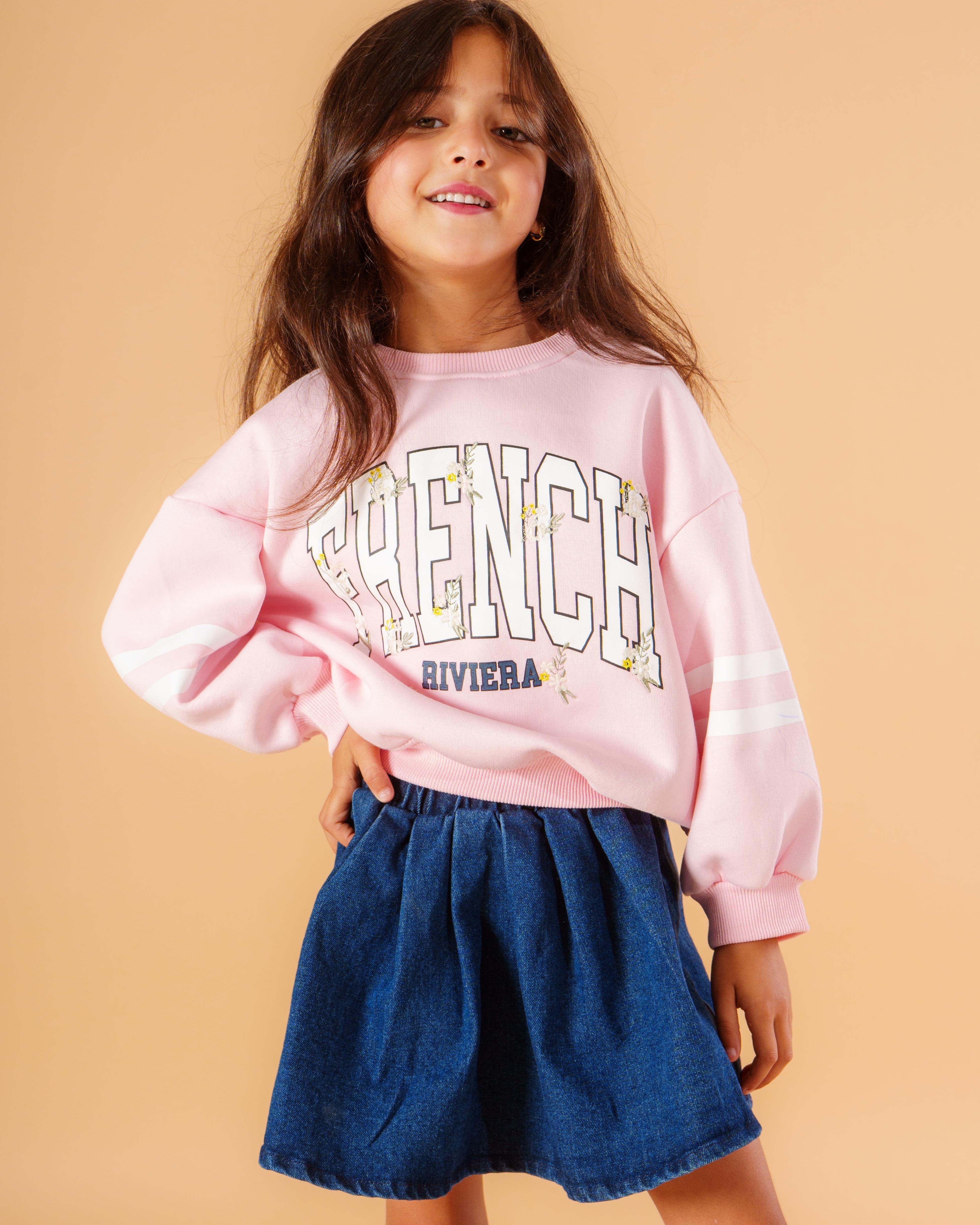 (2-PIECES-Set) Cotton sweatshirt + Denim skirt