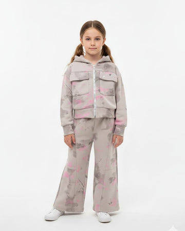 (Set)Cotton Tie-Dye sweatshirt with zipper & Wide Leg Pant