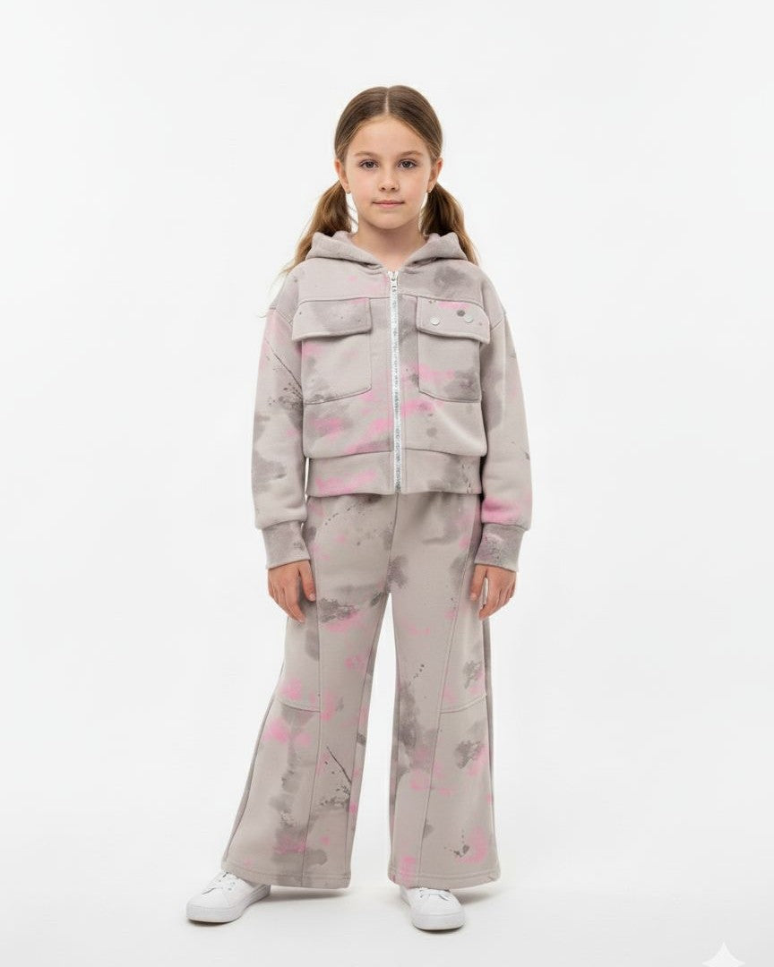 (Set)Cotton Tie-Dye sweatshirt with zipper & Wide Leg Pant